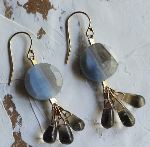 Drop Earrings in Blue Opal + Smoky Quartz
