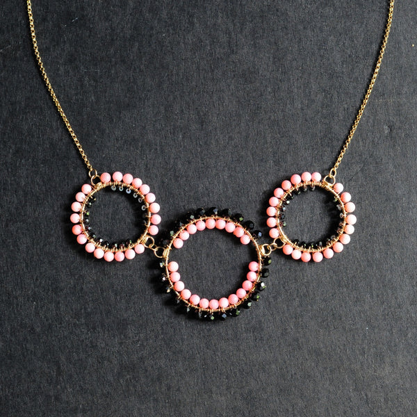 Triple Hoop Necklace in Black Spinel + Coral