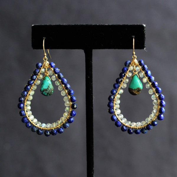 Large Tear Earrings in Lapis + Labradorite + Tuquoise