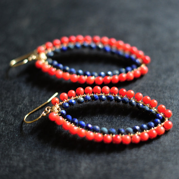 Large Marquise Earrings in Coral + Lapis