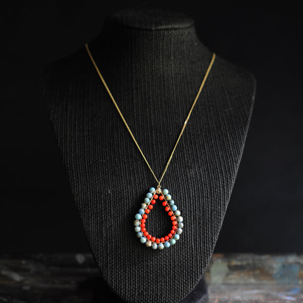 Large Tear Necklace in Blue Opal + Coral