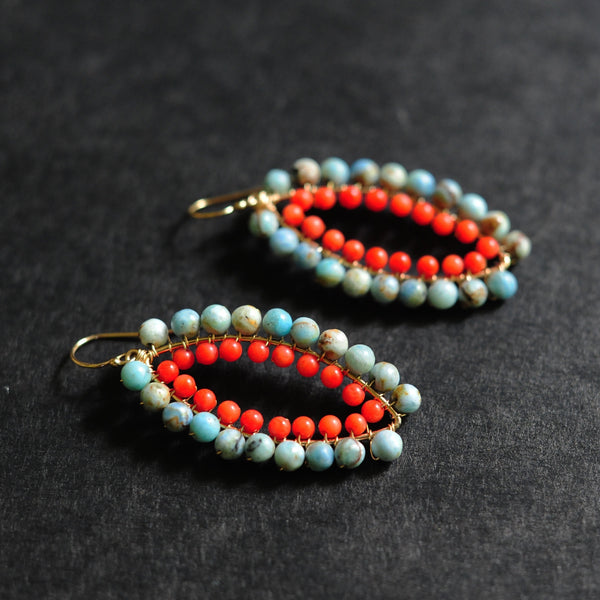 Small Marquise Earrings in Blue Opal + Coral