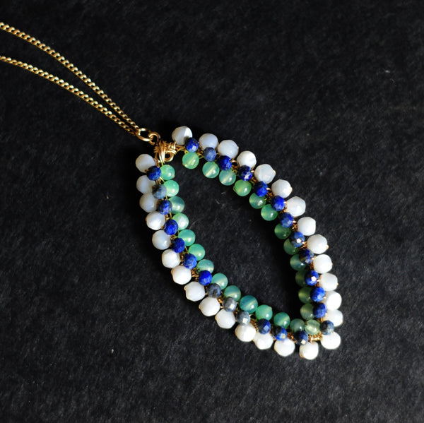 Small Marquise Necklace in Mother of Pearl + Lapis + Chrysoprase
