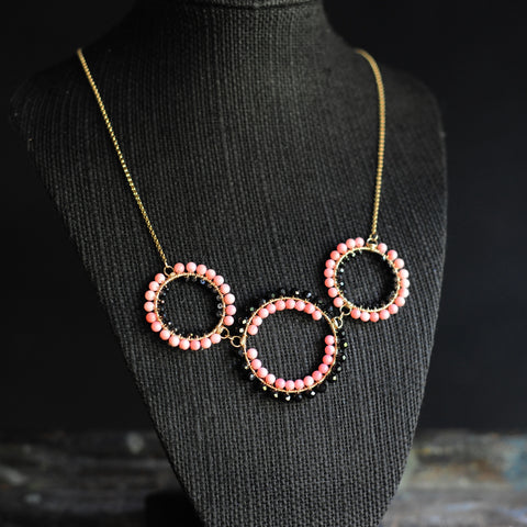 Triple Hoop Necklace in Black Spinel + Coral