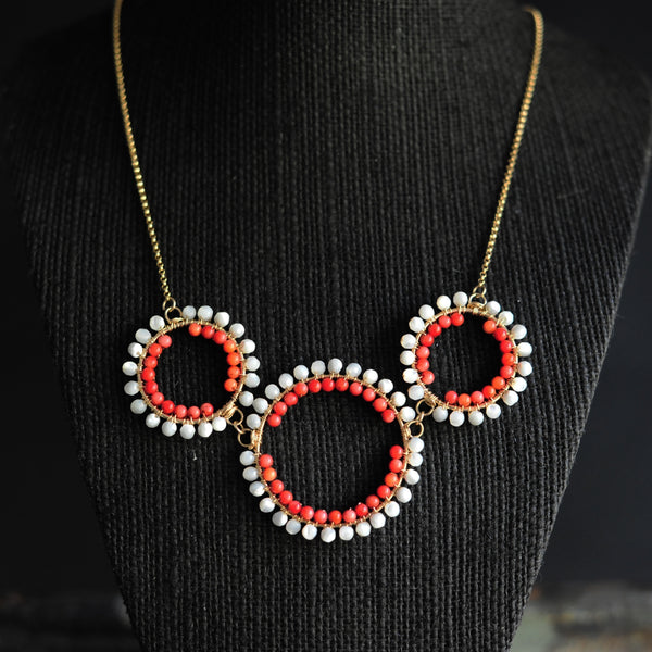 Triple Hoop Necklace in Mother of Pearl + Coral