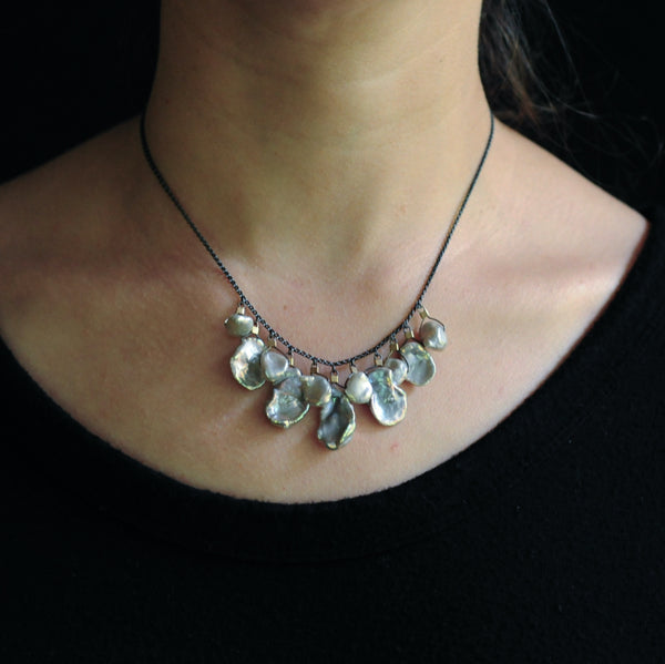Drop Necklace in Silver Keshi Pearls
