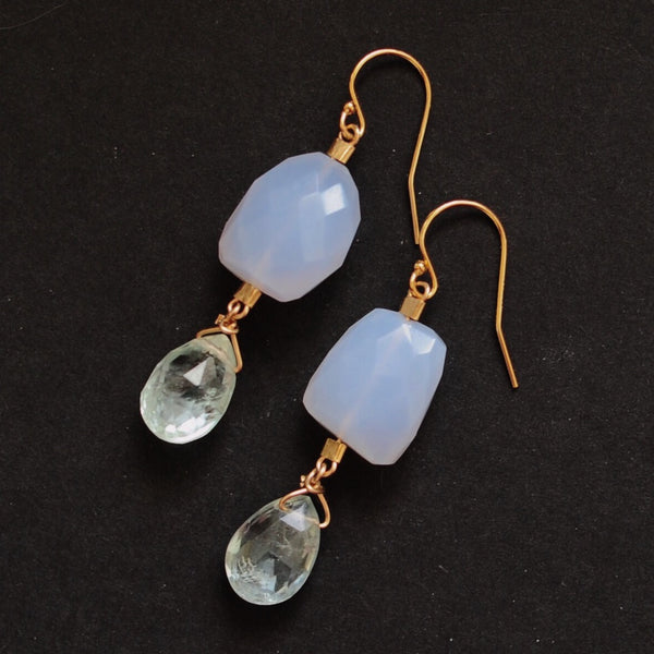 Drop Earrings in Chalcedony + Aquamarine