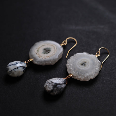Drop Earrings in Solar Quartz + Dendritic Opal