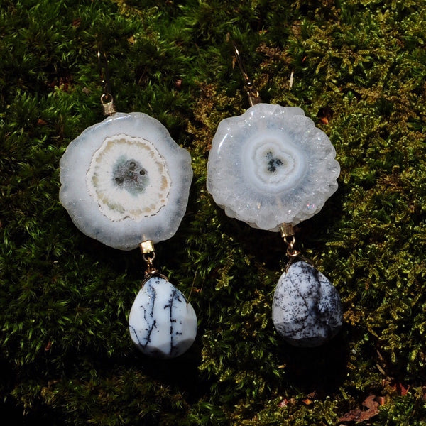 Drop Earrings in Solar Quartz + Dendritic Opal