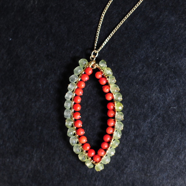 Large Marquise Necklace in Prehnite + Coral