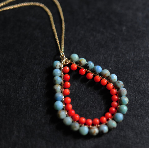 Large Tear Necklace in Blue Opal + Coral