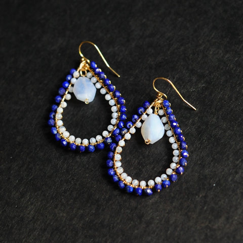 Large Tear Earrings in Lapis + Chalcedony + Blue Lace Agate