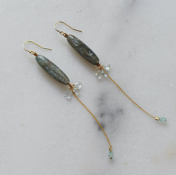 Sea Rocket Earrings in Kyanite + Aquamarine