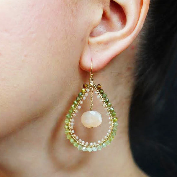 Tear Earrings in Green Garnet + Peach Moonstone